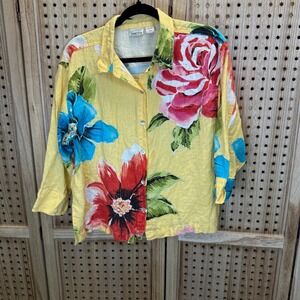 Chico's Yellow Floral Linen Shirt Button Front‎ Long Sleeve Size 2